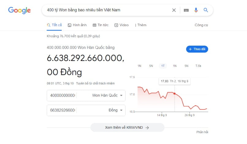 Quy đổi Won sang tiền Việt bằng Google