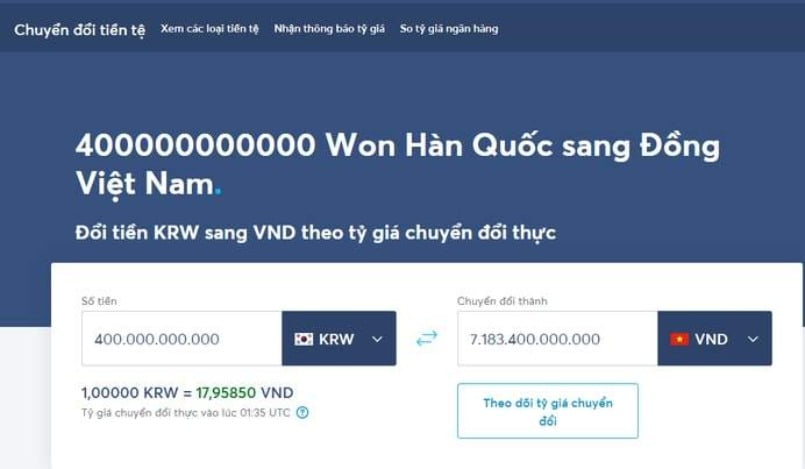 Quy đổi Won sang tiền Việt tại các website